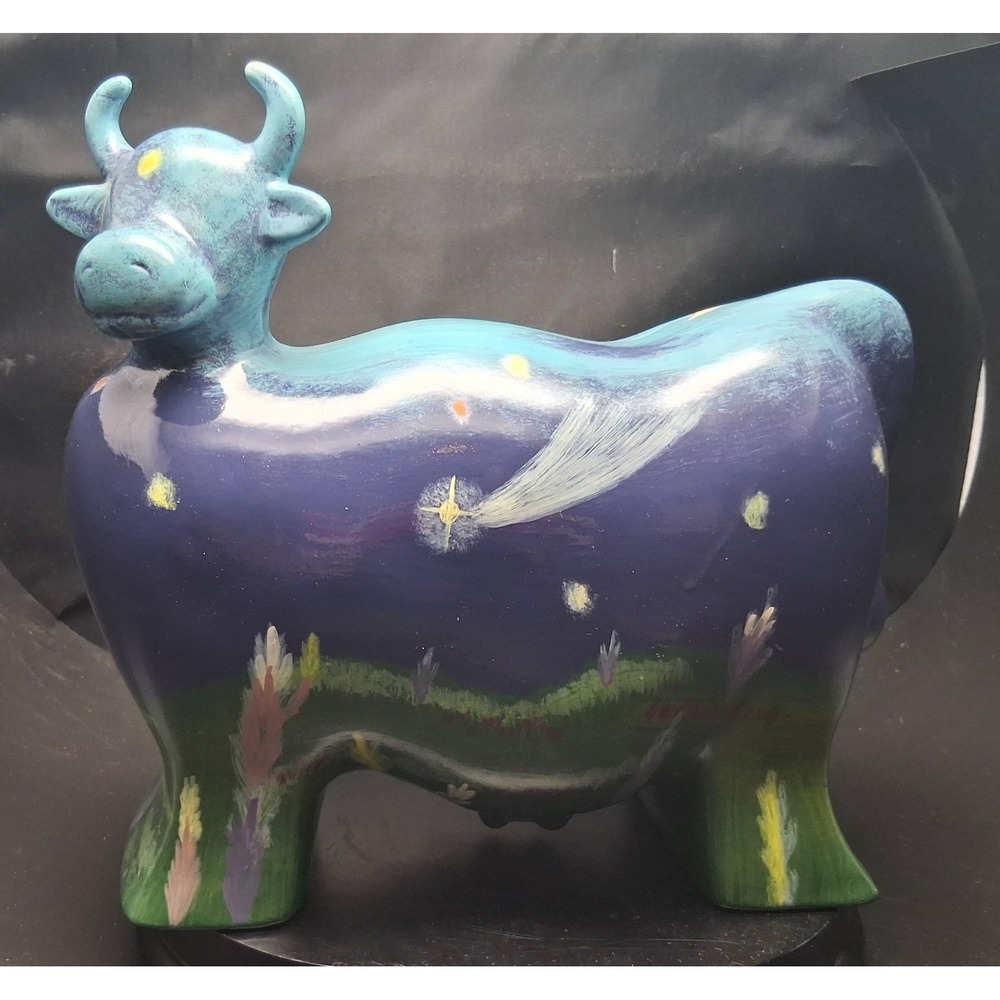 Hand Painted Ceramic Cow Figurine Celestial Night Moon Shooting Star Art Pottery